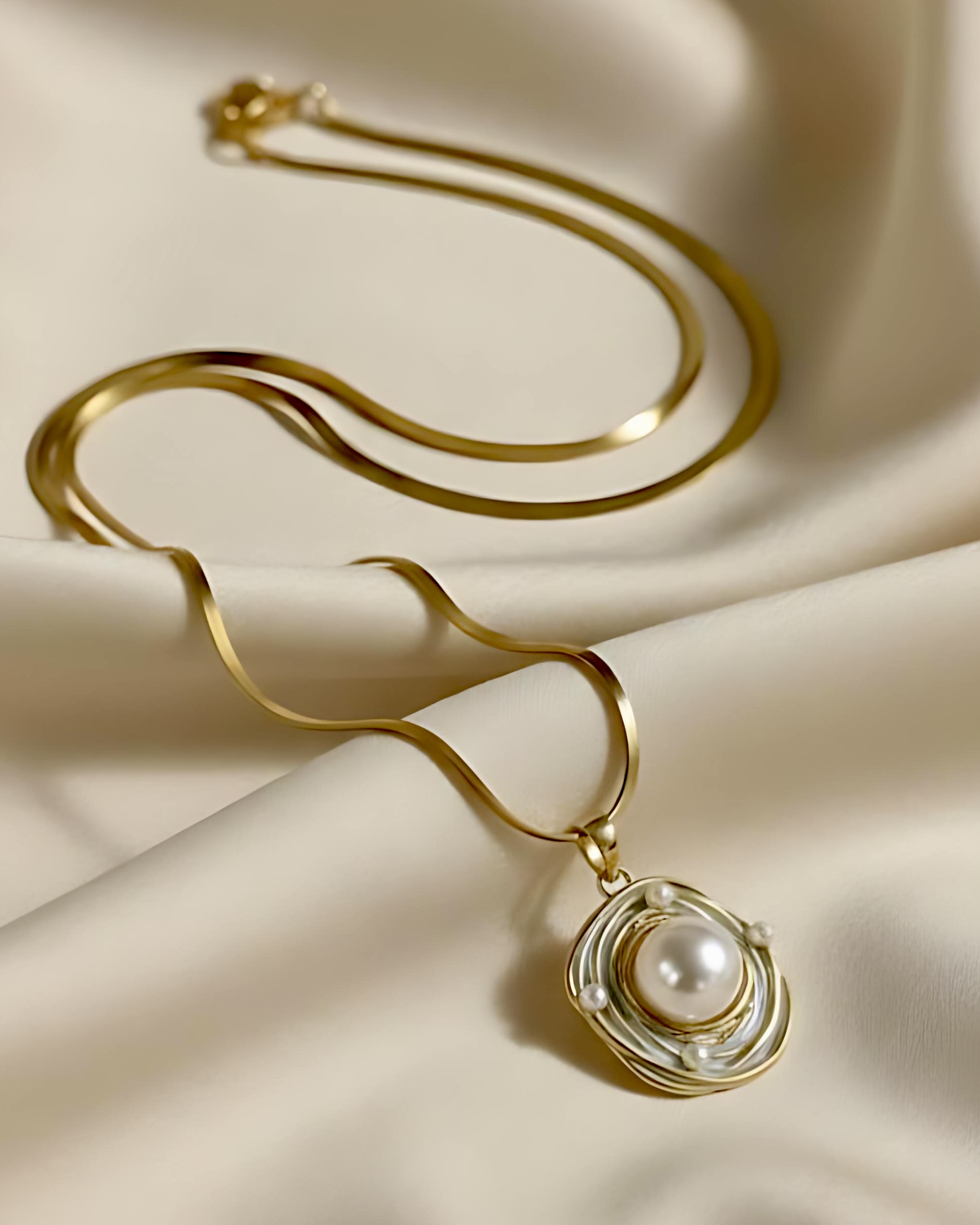 Chunky Gold Plated and White Enamel Swirl Necklace - Quiet Luxury Jewellery A gold snake chain necklace with a circular pendant featuring a central white pearl surrounded by a gold and white enamel swirl frame, resting on white silk.